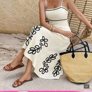 SHEIN Cream and Black Midi Dress